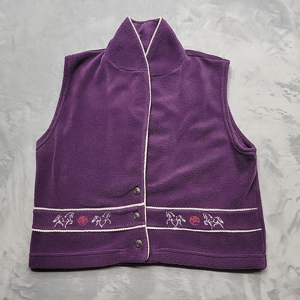 MWG Apparel Vest Womens Large Purple Fleece Horse Rose Embroidery Western